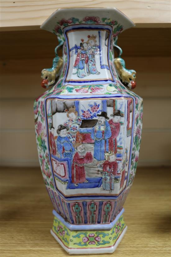 A Chinese famille rose hexagonal baluster vase, 19th century H 32cms